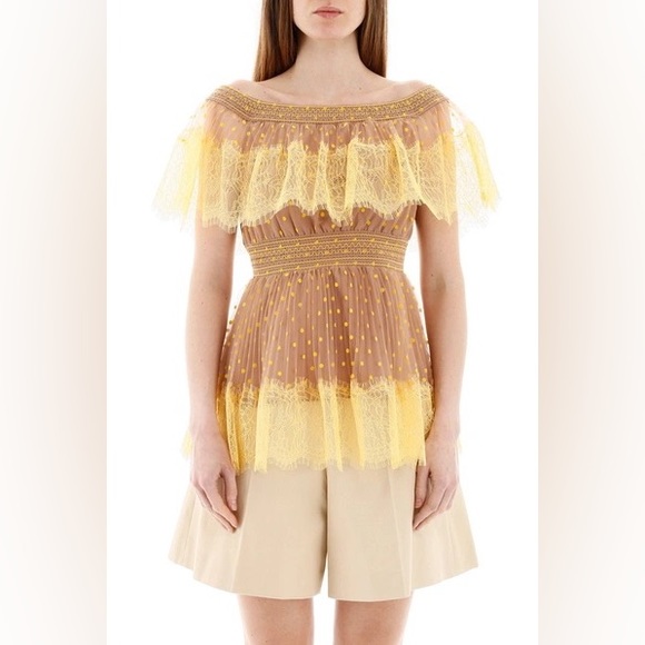 NWT Self Portrait Polka Dot Off-shoulder Tulle Top In Yellow Nude Size 4 - Picture 1 of 6